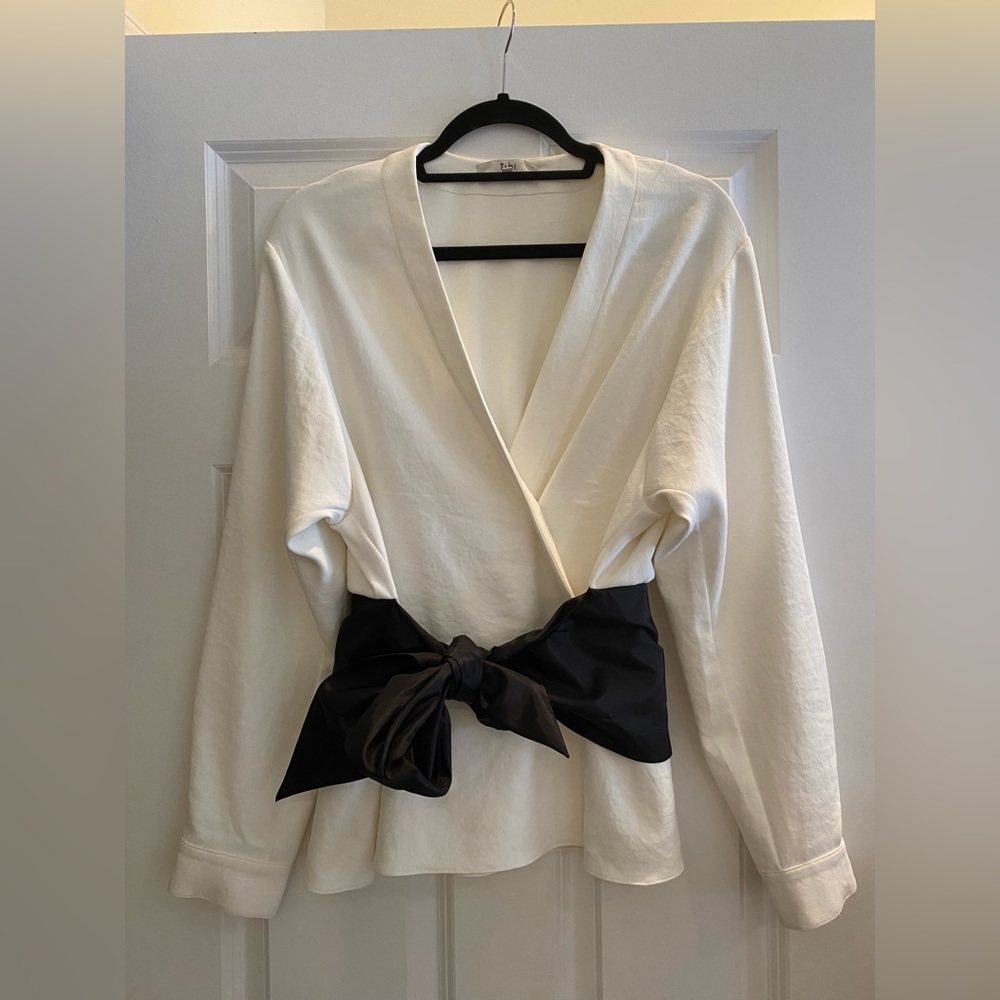 Tibi Womens Long Sleeve White V-Neck Blouse with Bow, Size US 10